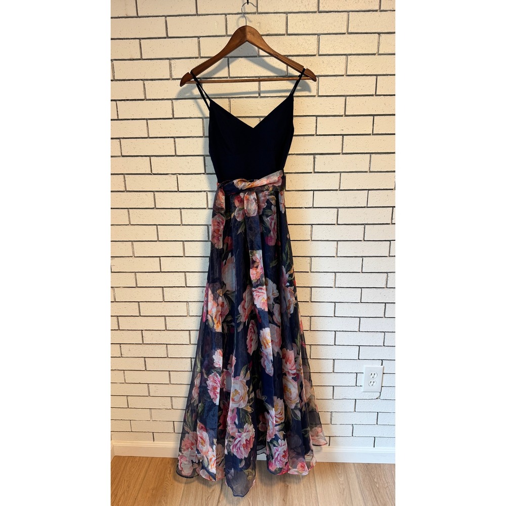 Eliza J Navy Floral Organza Maxi Dress V-Neck Metallic Pink Rose Gown Size 4